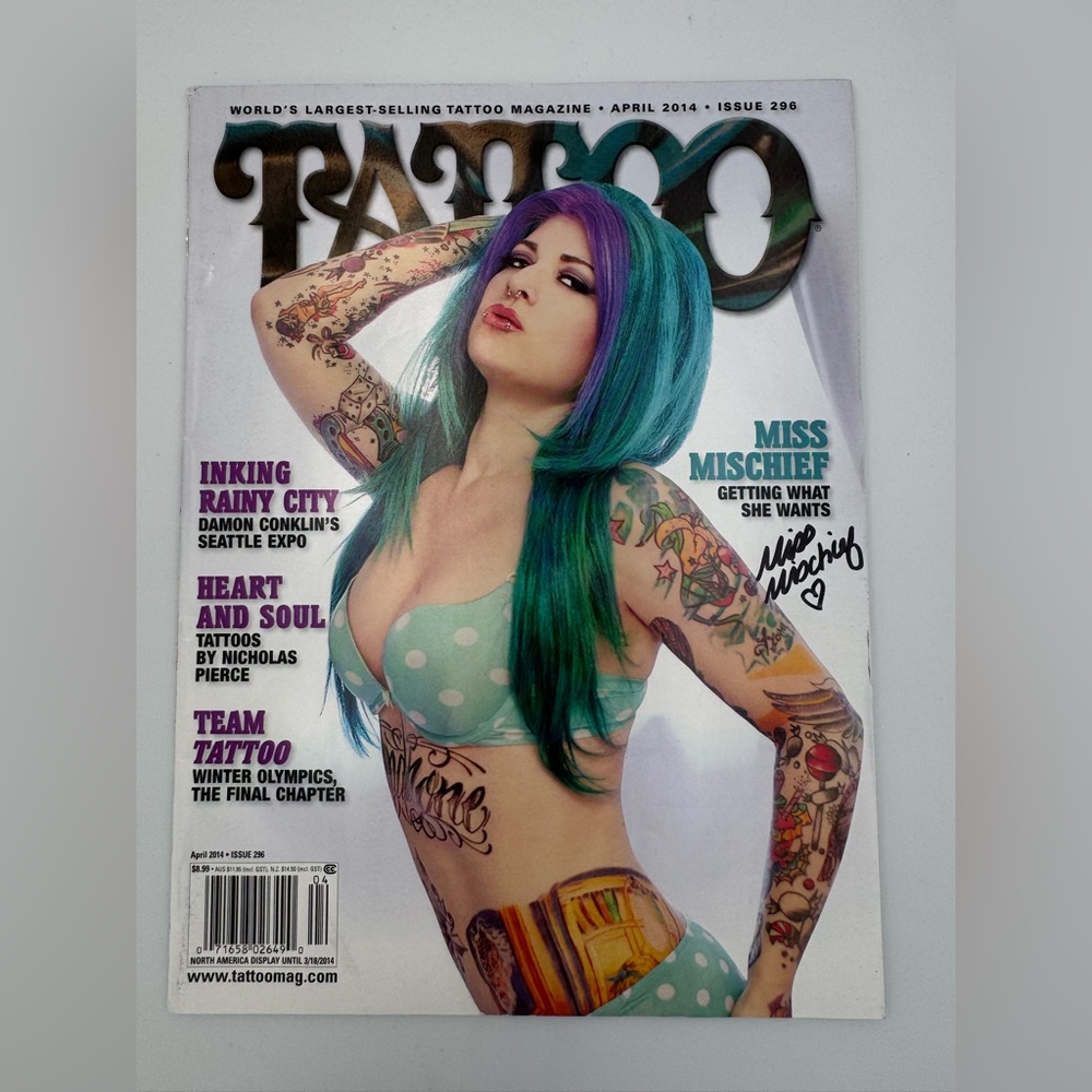 Tattoo Magazine April 2014 #296 SIGNED by Miss‎ Mischief Cover Nicholas Pierce